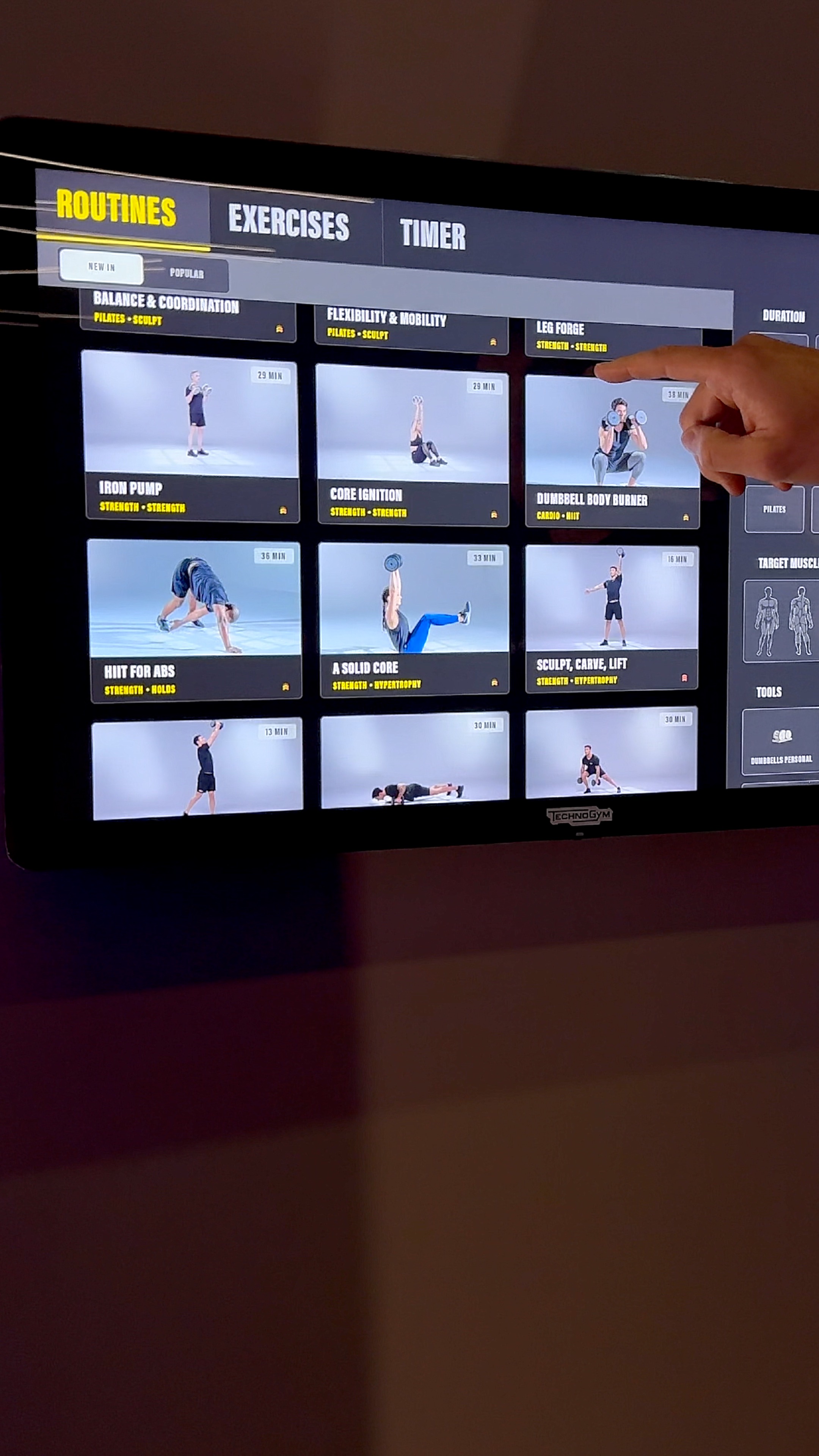 Technogym Visio treniruočių programų pasirinkimas ekrane